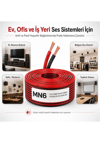 Mn6 Mn250hkf 2x2.50 Mm Hoparlör Kablosu 20 Metre Siyah Kırmızı Kordon Amfi Ve Ses Sistemi Kablosu 20 M