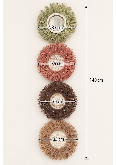 Momiko Terra Bloom Quartet - 4 Lü Bohem Rafya Duvar Dekoru Seti - 35 Cm -