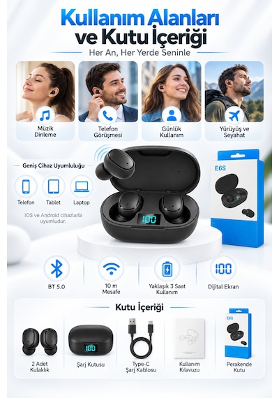 E6s Buds Kablosuz Kulakiçi Taşınabilir Bluetooth Kulaklık