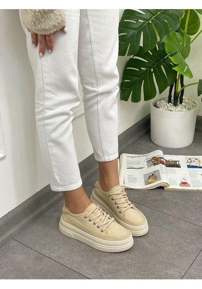 Erva'nın Butiği Ekru Keten Werner Bağcıklı Kadın Sneakers-5358