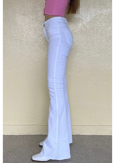 Kadın Beyaz Yırtmaçlı Likralı Ispanyol Paça Jean Pantolon Mg1518-Beyaz