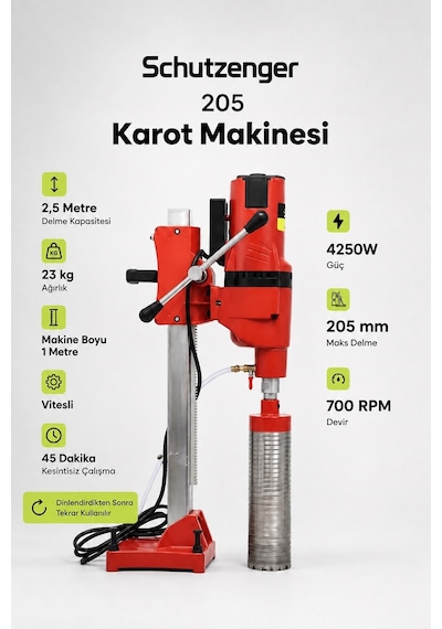 Beton Duvar Delme Karot Makinesi 2.5 Mt Max Delme 23 Kg Pro Seri 1x