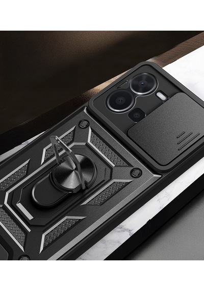 Maks Technology Vivo Y35 Kılıf Magnetik Standlı Kamera Korumalı Mkst Sürgülü Vega Kapak - Siyah