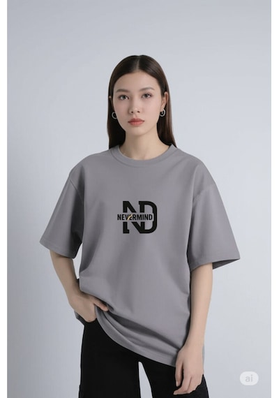 Nevermind Oversize Tişört Kadın "nevermınd" Baskılı Geniş Kalıp T-shirt U Antrasit