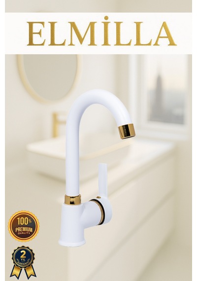 Beyaz Gold Armut Delta Kol Baston Borulu Banyo Lavabo Bataryası Çeşmesi Musluğu Çift Su Girişli