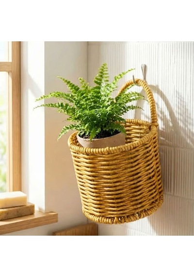 Buffer Yuvarlak Hasır Dokulu Plastik Rattan Kaşıklık & Çatallık Askılı Kendiliğinden Tutmalı Çok Amaçlı Mutfak Organi Açık Kahverengi