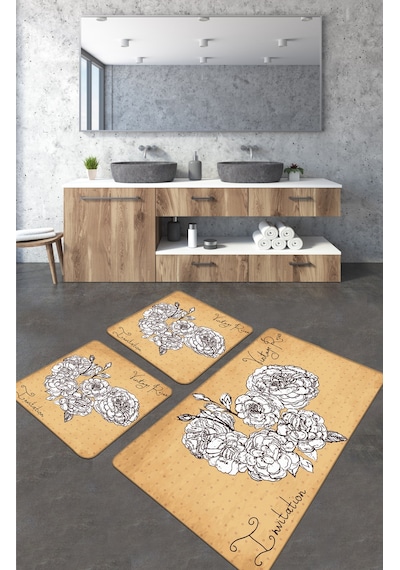 Vintage Roses 3 Lü Set Djt Banyo Halısı Kaymaz Tabanlı Klozet Takımı Paspas Seti Bej