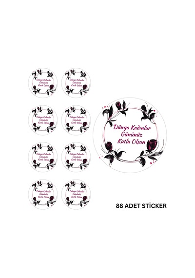 Kadınlar Gününüz Kutlu Olsun Sticker Seti - 88 Adet, Hediye Paketi Etiketi, 3.5 Cm, Yuvarlak