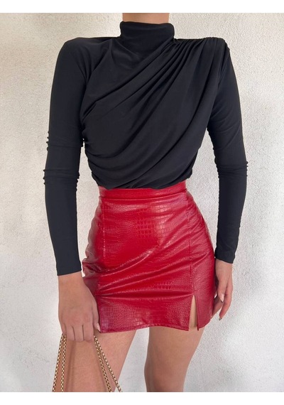 Lymens Modern Ve Şık Büzgülü Balıkçı Yaka Sandy Kumaş Bluz Siyah