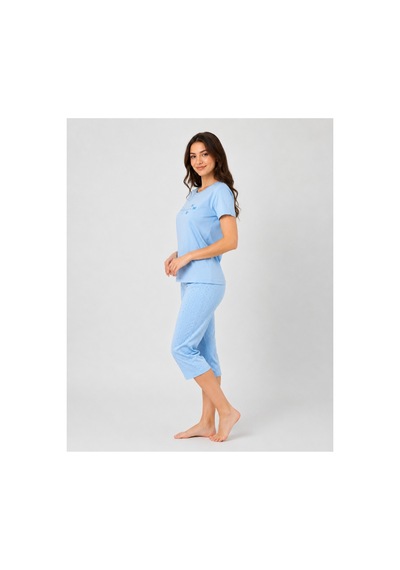 Pijamask Kadın Mavi Kısa Kollu Baskılı Kapri Pijama Takımı Yazlık Rahat Ev Giyim P100-833 Mavi