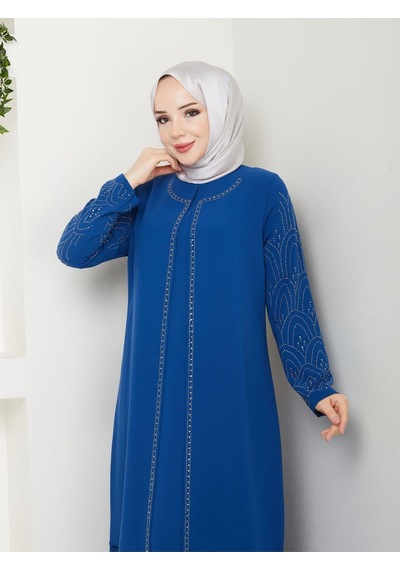 Eslemnur Kolları Taşlı Büyük Beden Anne Elbisesi Mavi