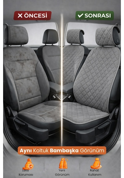 Oto Koltuk Kılıfı Tay Tüyü 2'li Ön Minder Terletmez Kaymaz Airbag Uyumlu - Gri