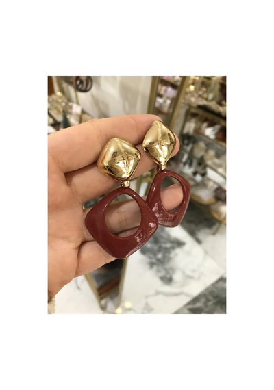 Gold Detaylı Asimetrik Model Bordo Küpe Altın