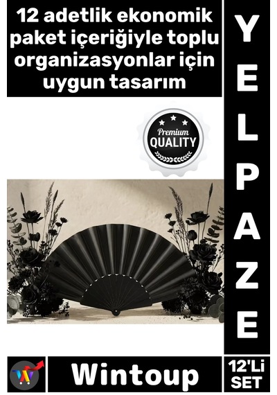 Yelpaze Kaliteli Yazlık Serinletici Dekoratif Nikah Davet Şık Plastik Düz Siyah Kumaş Yelpaze 12'li