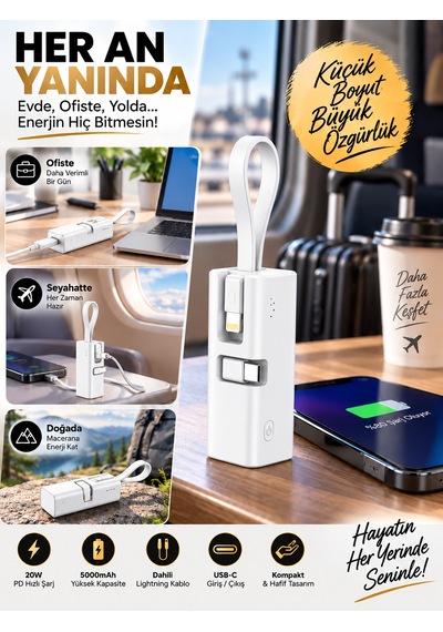 5000mah 20w Pd Hızlı Şarj Powerbank Dahili Lightning Kablolu Type-c Çıkışlı Taşınabilir BEYAZ