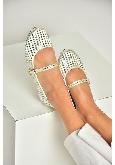 Fox Shoes U726634504 Bej Kumaş Taş Detaylı Kadın Babet Bej-kumaş