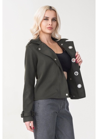 Bold & Young Kadın Viskon Polyester Likralı Kumaş Kol Ucu Toka Bantlı Kuş Gözü Aksesuarlı Çıt Çıtlı Cepli Ceket Haki