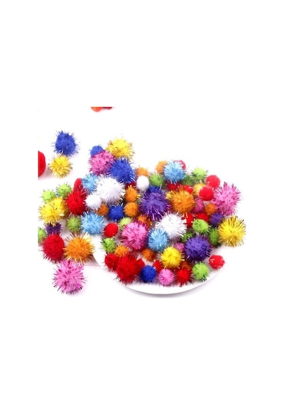 100 Adet. Simli Ponpon. 20 Mm. Renkli Peluş Ponpon. Minik Ponpon.