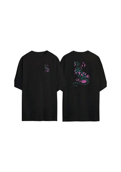 Thewert Unisex Black Panter Pembe Yapraklar Ön Arka Baskılı Sıyah Oversize T-shirt Siyah