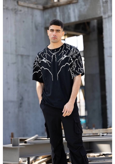 Moda Assema Erkek Yıldırım Şimşek Baskılı T-shirt Kısa Kol Bisiklet Yaka Tişört - Siyah