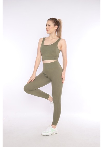 Escetic Kadın Spor, Haki Toparlayıcı, Yüksek Bel Fitnes Bra Şort-tayt Takım-4311 - Xs
