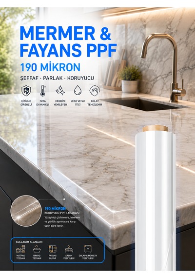 Mermer & Fayans Koruma Filmi 1 Metre X 3 Metre 190 Mikron Ppf Şeffaf Kendini Yenileyen Isıya Çizilmeye Dayanıklı