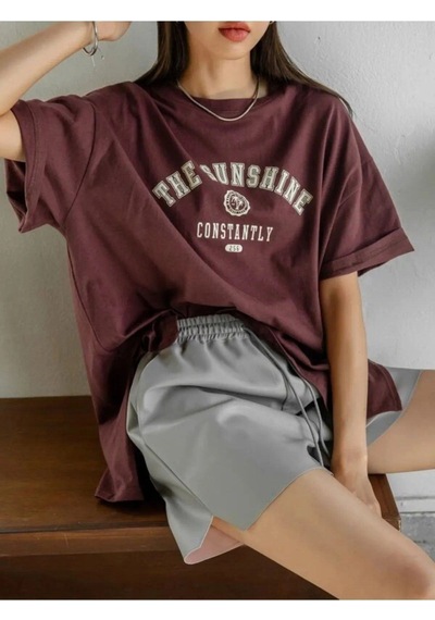 Flood Of Style Kadın Kahverengi Beyaz The Sunshine Baskılı Oversize Bisiklet Yaka Tshirt