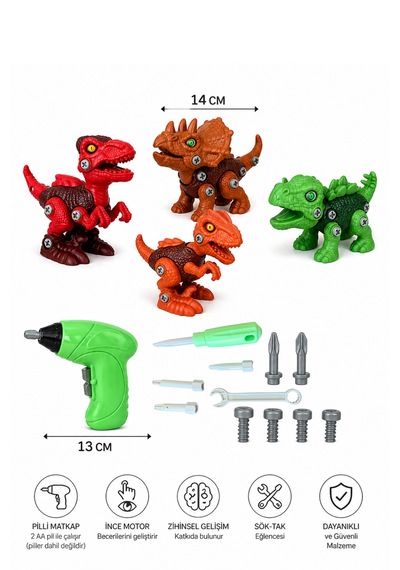 Sök Tak 4'lü 14cm Dinozor Oyuncak Seti Vidalı Montajlı Eğitici Oyuncak + Pilli Matkap İle