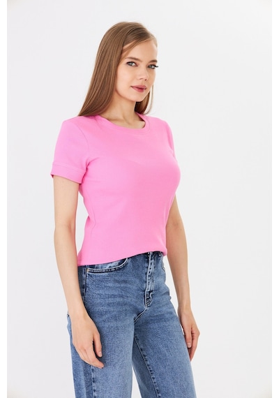 Hdm Kadın Pembe Kısa Kollu Basic Bisiklet Yaka Tişört - H6037