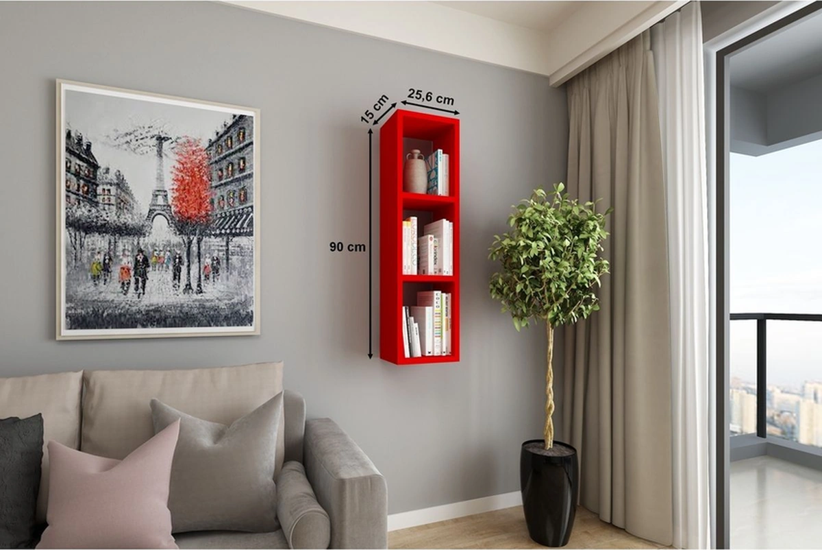 Duvar Rafı Tek Kitaplık 90 Cm Mobilya Kırmızı Kırmızı