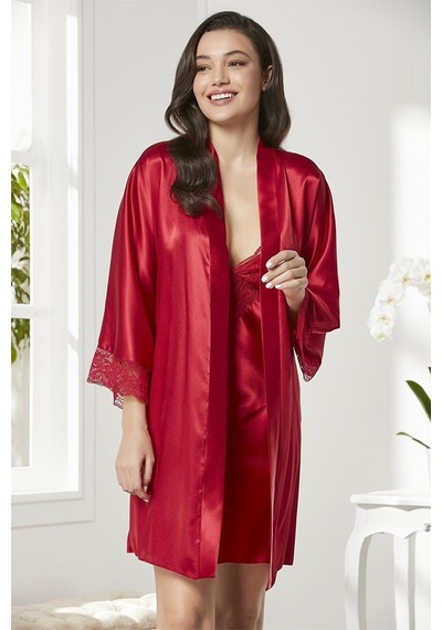 Pierre Cardin 4280 Kadın Saten Dantelli Gecelik Sabahlık Takım-bordo Bordo