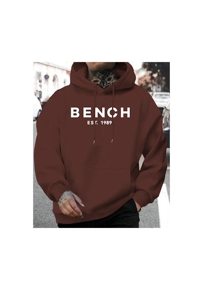 Herkesemoda Bench Yazı Detaylı İçi Polarlı Kapüşonlu Sweatshirt Kahverengi