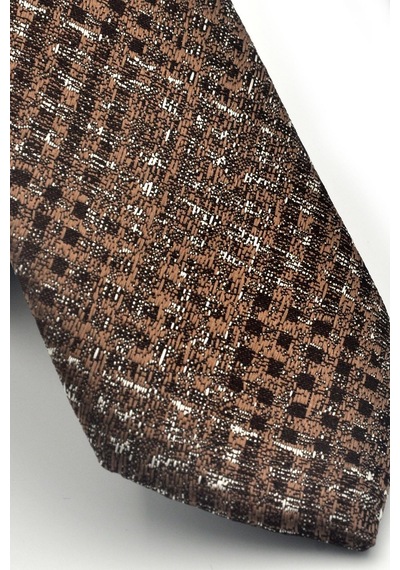 Gaffy Gri Desenli Kahverengi Dokuma Kumaş Mendilli Slim Fit Kravat // Sdk-2602-4 Kahverengi