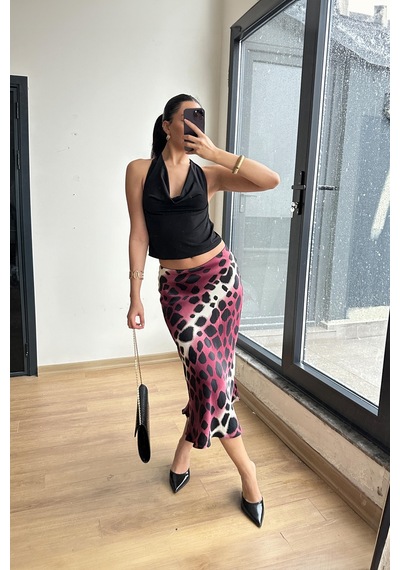 Mixray 4647 Kadın Beli Lastikli Leopar Saten Etek Bordo