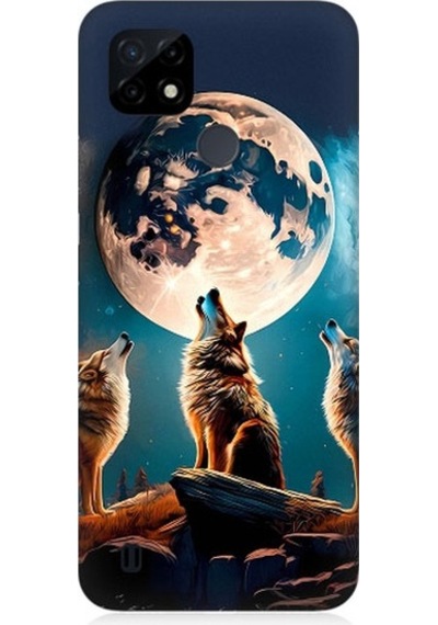 Realme C21 Uyumlu 3 Kurt Ve Dolunay Desenli Silikon Kılıf