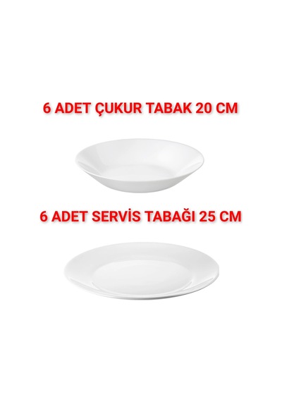 Quality 6 Adet Çap 25 Cm Yemek Tabağı 6 Adet Çap 20 Cm Çukur Tabak Temperli Cam Toplam 12 Parça Beyaz - 714691386 Beyaz