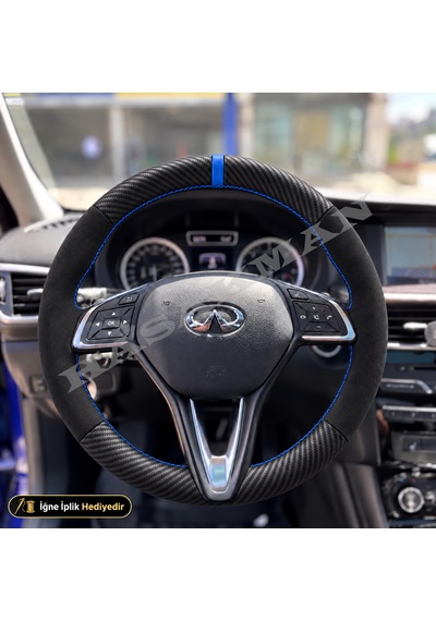 Infiniti Qx30 Dikme Direksiyon Kılıfı Alcantara Süet Mat Karbon Mavi Yüzük Ve Dikiş Awd-premium-sport 2016-2020 Siyah