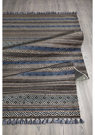 Mavi Renkli Kaymaz Tabanlı Yıkanabilir Makine Dokuma Kilim-324