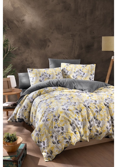 Mystory Home Lastikli Çarşaflı Çift Kişilik Nevresim Takımı Lemon 200x220 Cm Sarı - Gri