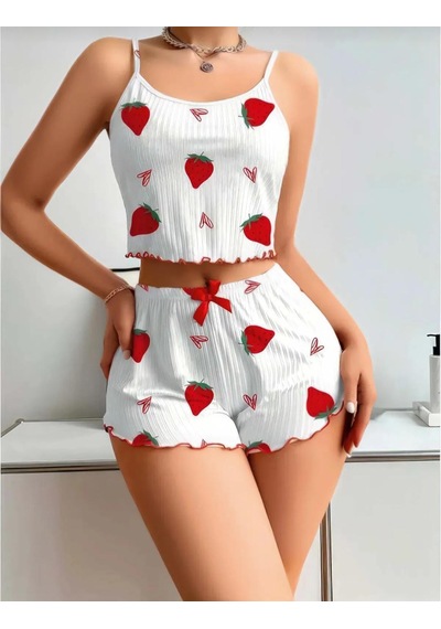 La Vıor Kadın Çilek Desenli Pijama Takımı Beyaz
