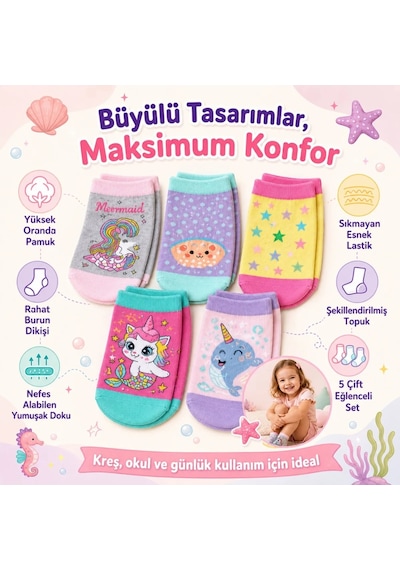 Womanandkids Wak 5 Li Kız Çocuk Çorap Seti Deniz Kızı Unicorn Desenli Pamuklu Rahat Burunlu Renkli Çok Renkli