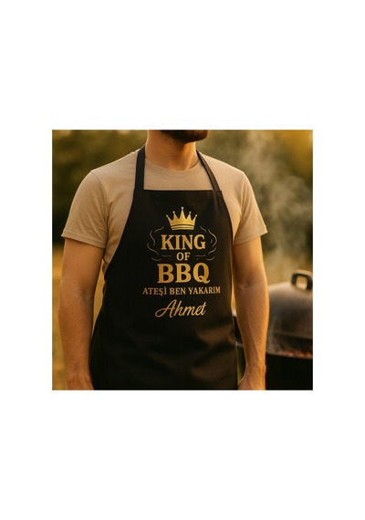 King Of Bbq Ateşi Ben Yakarım İsme Özel Siyah Mutfak Önlüğü Siyah