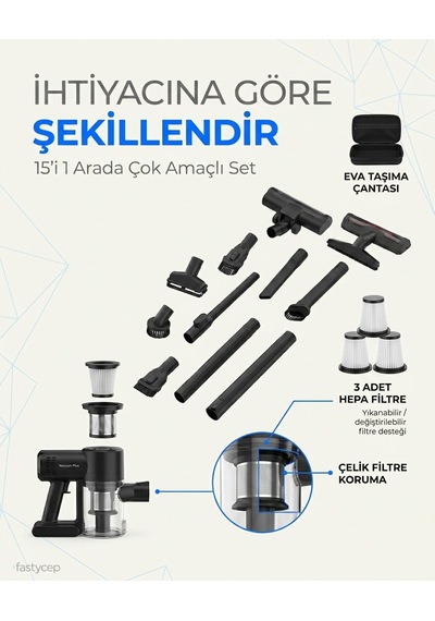 Vacuum Plus Snv-3002 15in1 Profesyonel 12.000pa Emiş Güçlü Üflemeli Şarjlı Mini Araç Süpürgesi