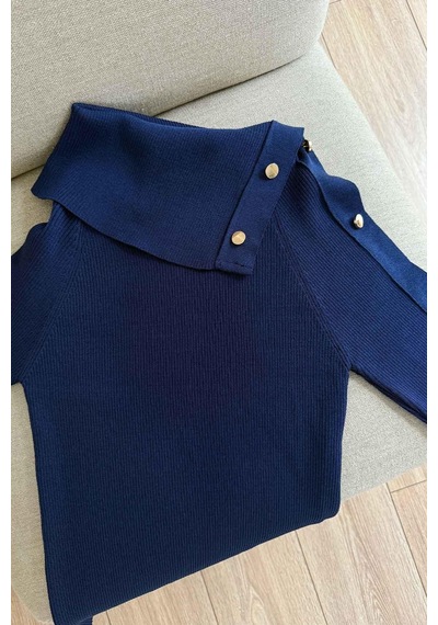 Kahijab Asimetrik Yaka Truvakar Kol Triko Bluz - Lacivert