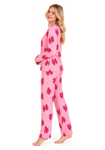 Sleeeproom Kadın Süet Mevsimlik Kurdele Desen Pijama Takımı Pembe - Kırmızı
