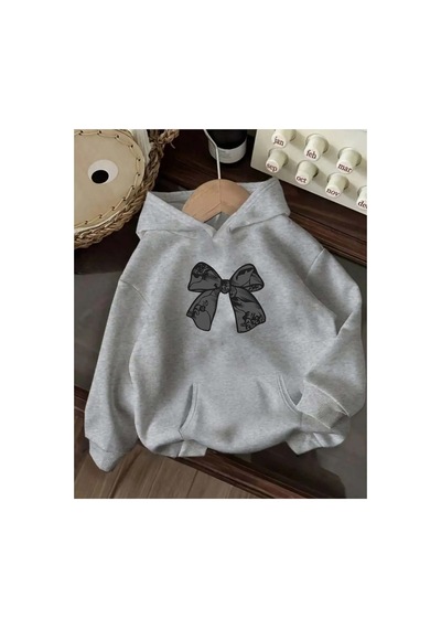 Herkesemoda Kurdele Baskı Detaylı İçi Polarlı Kapüşonlu Sweatshirt Gri