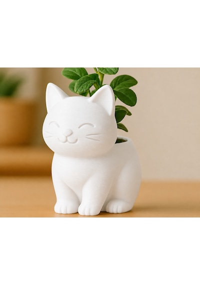 3d Baskı Sevimli Kedi Saksı - Figürlü Sukulent Saksısı-beyaz Çok Renkli