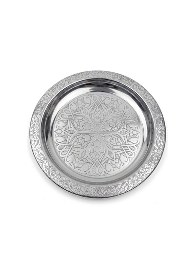 Binbir Trend 18 Cm İşlemeli Kenarlı Otantik Desenli Krom Çelik Meze Ve Servis Tabağı 1 Adet Gümüş