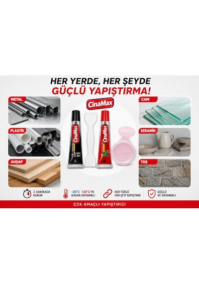 Cinamax Çift Bileşenli Epoksi Yapıştırıcı 16 Gr Metal Plastik Ahşap Cam 4 Dakika Kurur Güçlü Hız