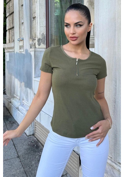 Kadın Haki Kısa Kol, Fermuar Yaka Detaylı, Fitilli Terletmez Kumaş, Rahat Bluz, Tshirt Haki